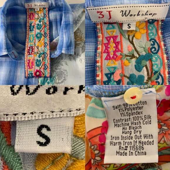 Johnny Was 3J Workshop Blouse S Blue Plaid Floral Silk Blend - Picture 7 of 13